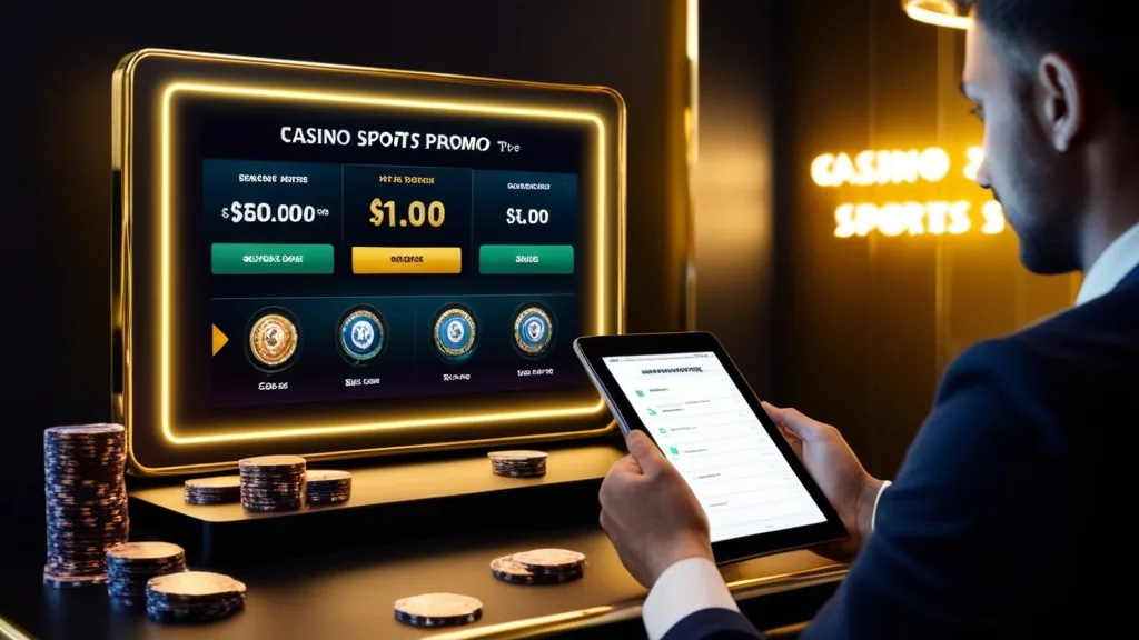 Casino oscuro con panel de bonos y fichas doradas