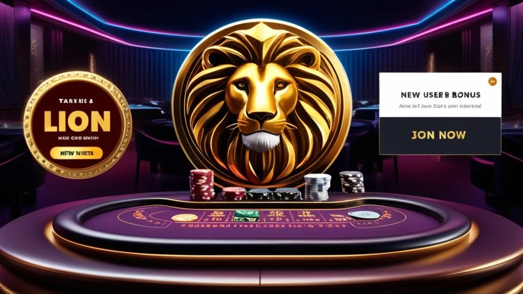 Banner promocional con un león dorado y fichas