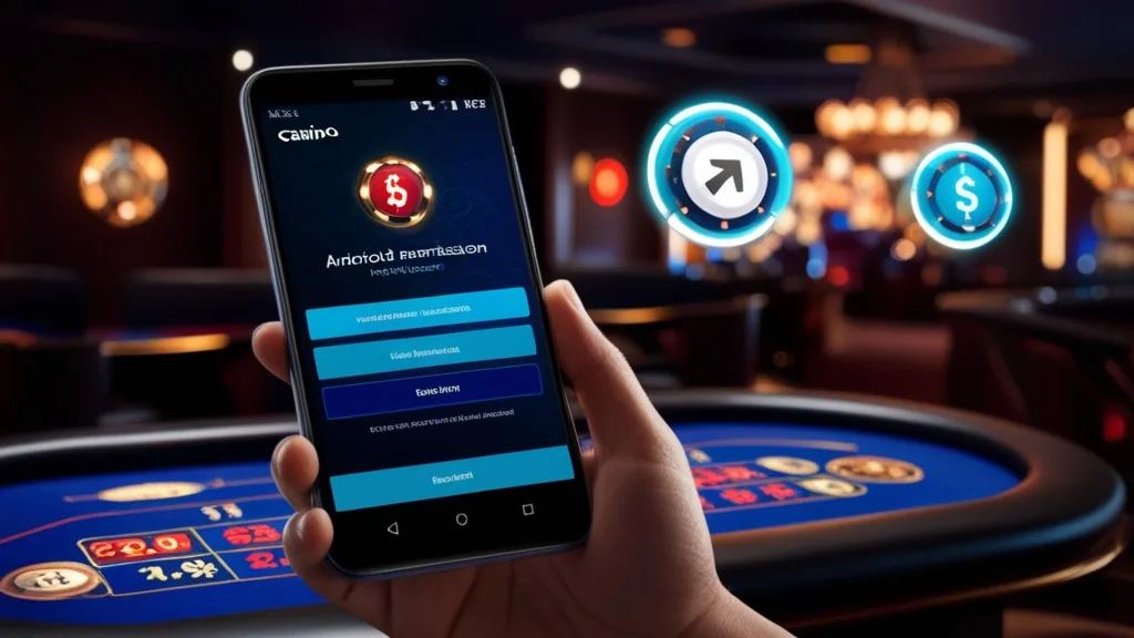 Móvil Android mostrando avisos de instalación de Goldbet en un ambiente de casino oscuro
