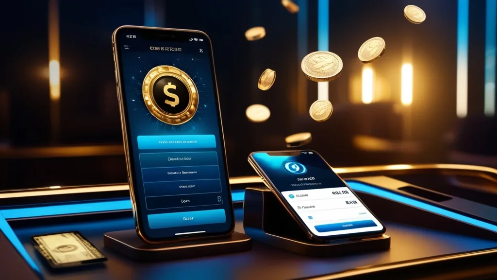 Pantalla de cajero con tarjeta y móvil mostrando depósitos de Goldbet