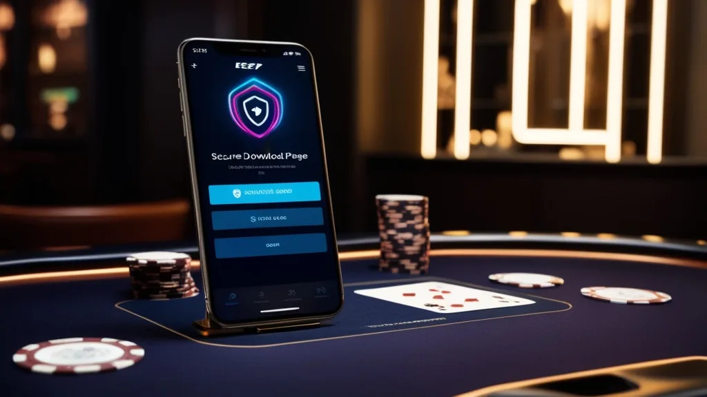 Móvil con una pantalla de descarga segura de Goldbet en un entorno de casino oscuro