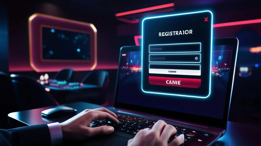 Pantalla de registro de cuenta en móvil con ambiente de casino oscuro.