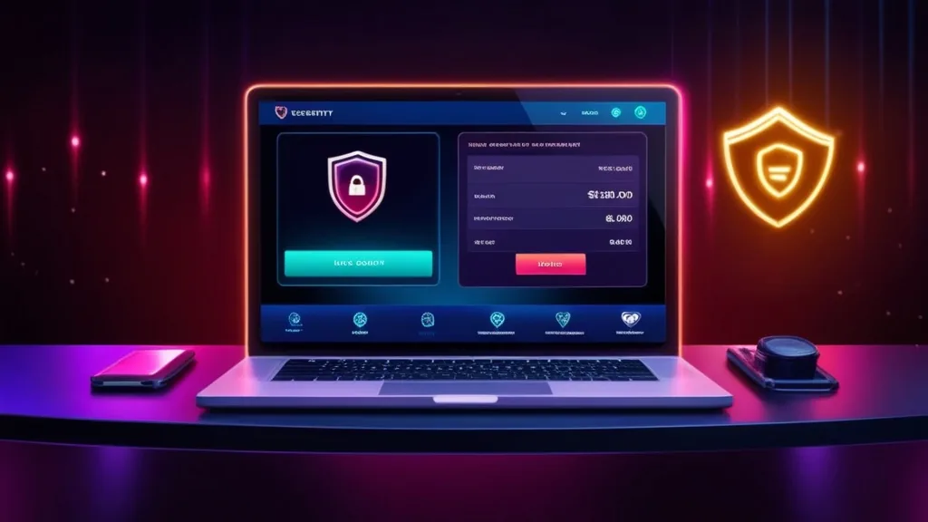 Panel de cuenta con icono de seguridad en un entorno de casino oscuro.