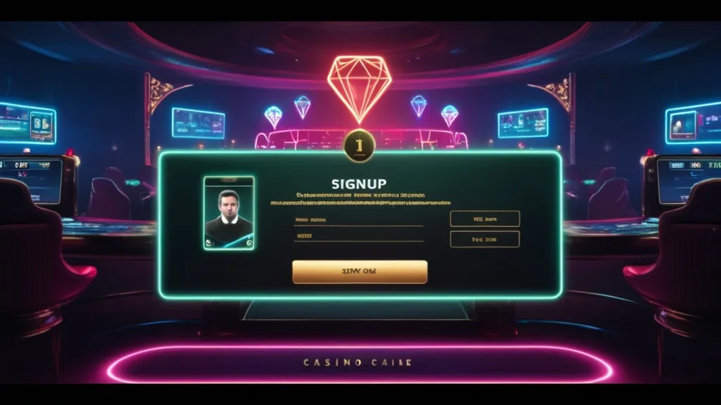 Formulario de alta con iconos de correo y perfil sobre fondo de casino oscuro.